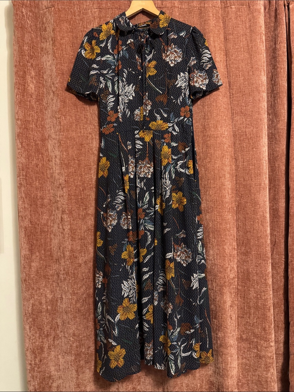 Navy Floral Maxi Dress with Mustard Accents